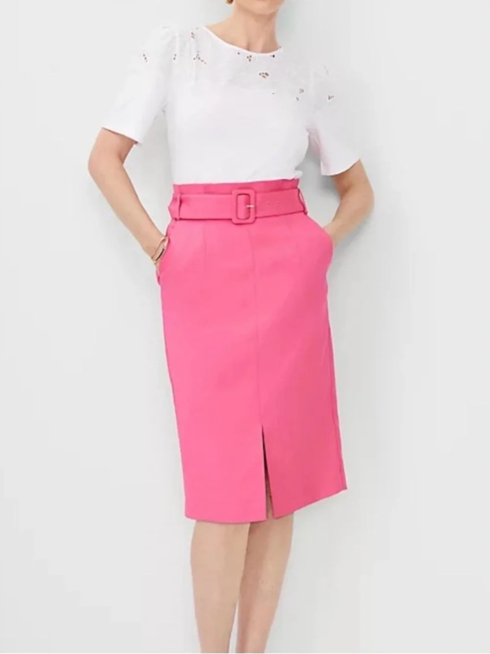 Ann Taylor Paperbag Belted Front Slit Pencil Skirt Pink Charm Size 00 Barbiecore